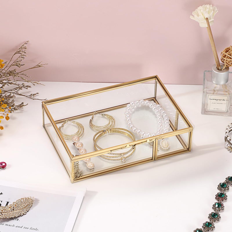 Hipiwe Gold Glass Photo Box,Vintage Photo Storage Organizer, Trinket Box Jewelry Display Organizer Keepsake Box Case Home Decor (Small) - Image 5